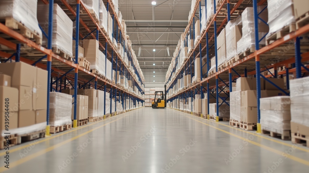 Wall mural spacious warehouse interior with organized shelves, stacked cartons, and a forklift under bright nat