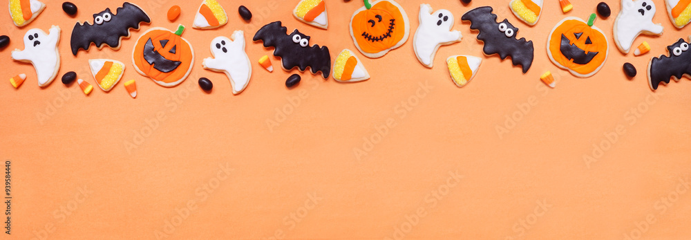 Poster halloween cookie top border. overhead view on an orange banner background with copy space. ghosts, b