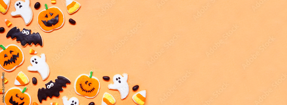 Poster halloween cookie corner border. above view on an orange banner background with copy space. ghosts, b