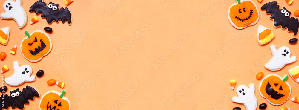 Poster halloween cookie double border. top view on an orange banner background with copy space. ghosts, bat