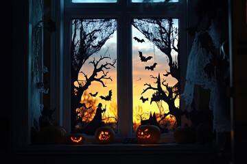Halloween window silhouettes of witches, bats, and haunted trees.