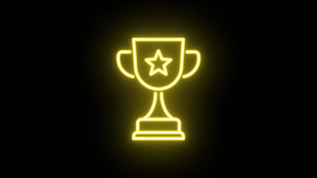 Neon reward cup animation, uniform rotation with color blink. Glowing neon 3D prize cup icon, looped spin with blink. Award, sport trophy, winner, game reward and achievement, victory. 4 colors