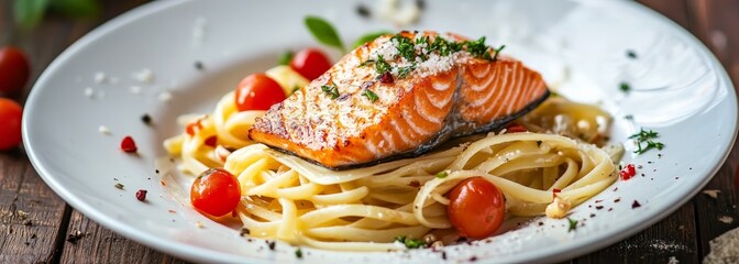 Plate of pasta with piece of salmon background horizontal composition