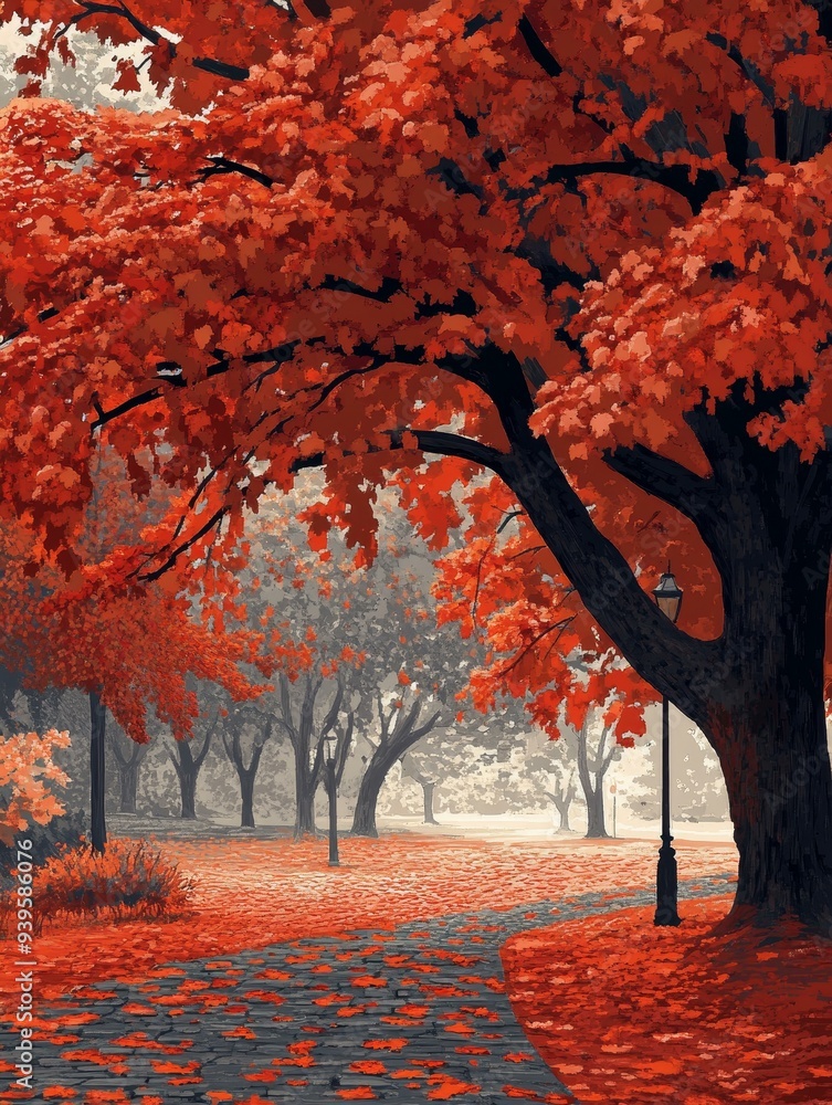 Poster a scenic view of a park pathway in autumn, featuring a vibrant red maple tree with its foliage in fu