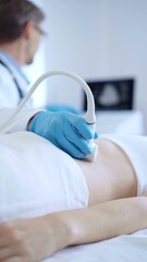 Doctor man wearing a blue protective gloves using an ultrasound machine on a female patient examining internal organs. Medicine concept