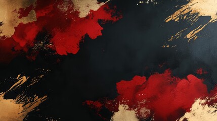 Dynamic brush strokes in red and gold contrast vividly with a deep black backdrop, creating a...