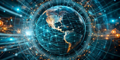 Blue planet earth globe sphere hologram in virtual reality with data flow in background. Geometric mesh line circle, worldwide internet and cyberspace network, internet connection visualization