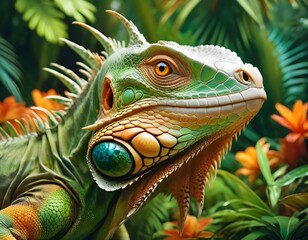 Obraz premium Iguana Green Tropical Reptile in the Jungle Forest Wildlife and Nature