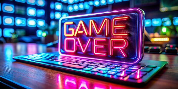 Neon Game Over Sign on a Keyboard, Digital Art, 3D Render, Cyberpunk , neon, gaming, gameover