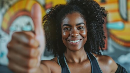 Smiling person celebrating with thumbs-up achievement gesture after workout session