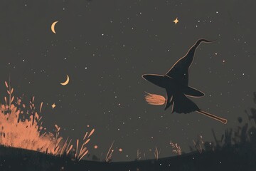 Vector illustration of a witch's hat and broomstick.