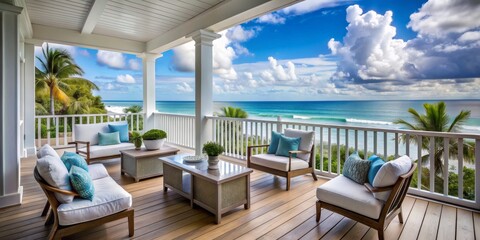 Fototapeta premium Oceanfront Patio with Tropical Views, Beach House, Outdoor Living, Tropical Design, Vacation Home