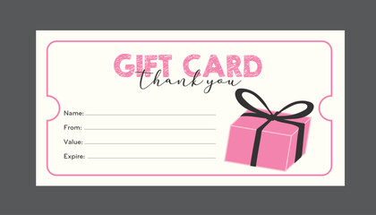 Gift card shopping, store voucher, ticket template, simple pink card with pink gift box for sale, anniversary, event and discount, coupon
