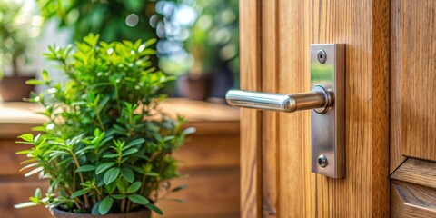 Open Door to Nature, Close-up, Wooden Door, Silver Handle, Green Plant, Doorway, Nature