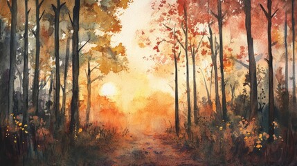 Fototapeta premium A serene watercolor painting depicting a sun-drenched forest path leading into a grove of trees with vibrant autumn foliage. The warm colors evoke feelings of tranquility, peace, and the beauty of nat