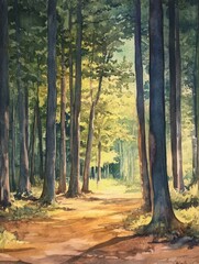 Obraz premium A serene watercolor painting depicting a winding path through a sun-dappled forest. The tall trees stand majestically, creating a sense of peace and tranquility. The path invites the viewer to explore
