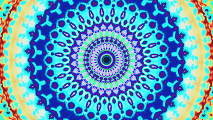 Vibrant kaleidoscope mandala with intricate cyan blue red radial patterns mesmerizing details art illustration abstract background.