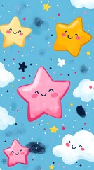 Naklejka premium Pink Stars on Blue Background, Abstract Image, Texture, Pattern, Wallpaper, Cover and Screen of Smartphone, Cell Phone, Computer, Laptop, 9:16 and 16:9 Format