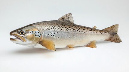 Obraz premium A single Black Sea Trout, isolated on a white background. The fish is presented in a fresh and appealing way, showcasing its natural beauty. Its scales, fins, and body are clearly visible. This image 