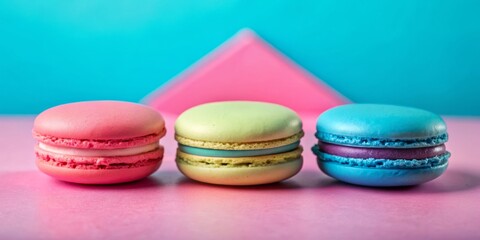 Pastel Macarons on Pink and Blue Background, French Pastry, Sweet Treat, Colorful Dessert, Macaron