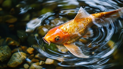 A single goldfish with bright orange scales gracefully swims through clear water, creating ripples on the surface. The fish is in focus, with a blurred background of green plants and rocks, symbolizin