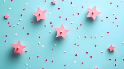 Fototapeta premium Pink Stars on Blue Background, Abstract Image, Texture, Pattern, Wallpaper, Cover and Screen of Smartphone, Cell Phone, Computer, Laptop, 9:16 and 16:9 Format