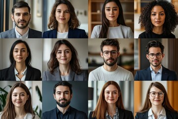Team of diverse people coworkers in an international corporation. Grid of webcam faces, Generative AI