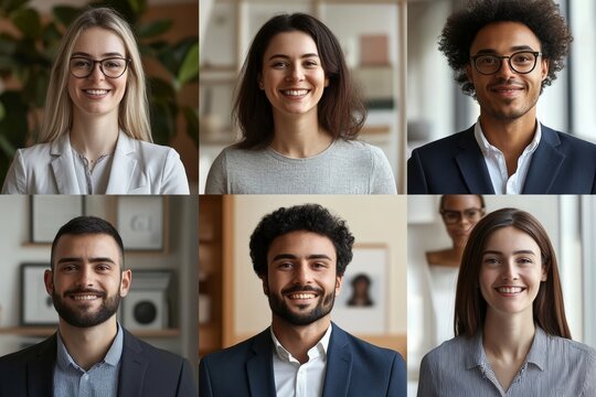 Team of diverse people coworkers in an international corporation. Grid of webcam faces, Generative AI