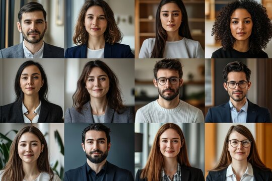 Team of diverse people coworkers in an international corporation. Grid of webcam faces, Generative AI