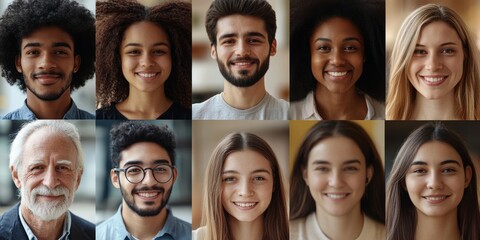 Obraz premium happy diverse ethnicity different young and old people group headshots in collage mosaic collection. Lot of smiling multicultural faces looking at camera. Human resource society database,Generative AI