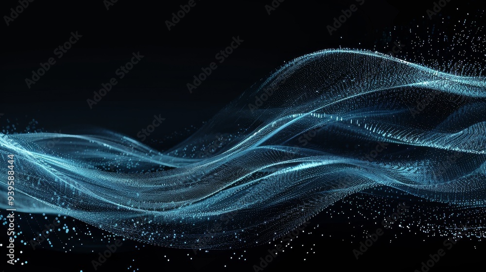 Poster An abstract digital wave formed from countless luminous particles flows gracefully across a dark background, evoking a sense of fluidity and motion.