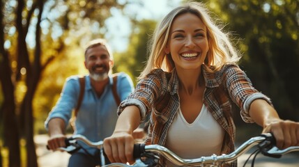 Obraz premium Romantic Couple Riding Bicycles Under Blue Sky