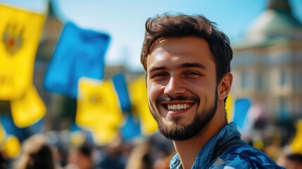 Naklejka premium Cheerful Ukrainian Man Smiling with Flags
