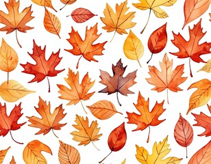 Obraz premium Watercolor illustration of autumn leaves in various shades of orange, yellow, and red, isolated on a white background.