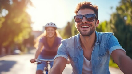 Obraz premium Couple in Love Enjoying Sunny Bike Ride