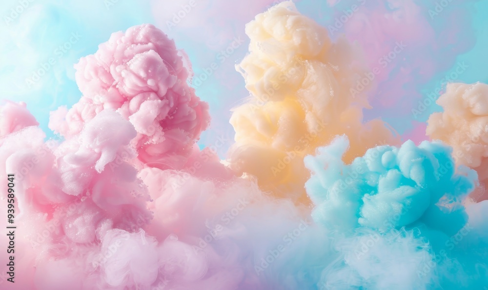 Poster This enchanting image displays whimsical, fluffy clouds in pastel colors, forming a dreamy and ethereal sky, bathed in soft light.