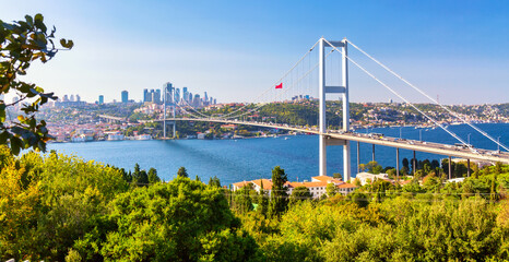 Istanbul Bosphorus Bridge or 15th July Martyrs Bridge with Istanbul panorama cityscape during...