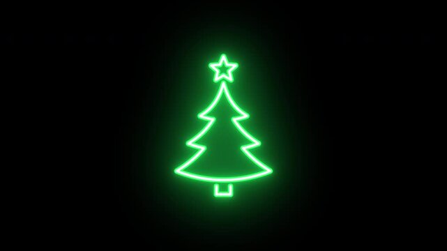 Neon Christmas tree animation, uniform rotation with color blink. Glowing neon 3D Christmas tree with star, looped spin with blink. New Year tree, christmas decoration, xmas spruce. 4 colors