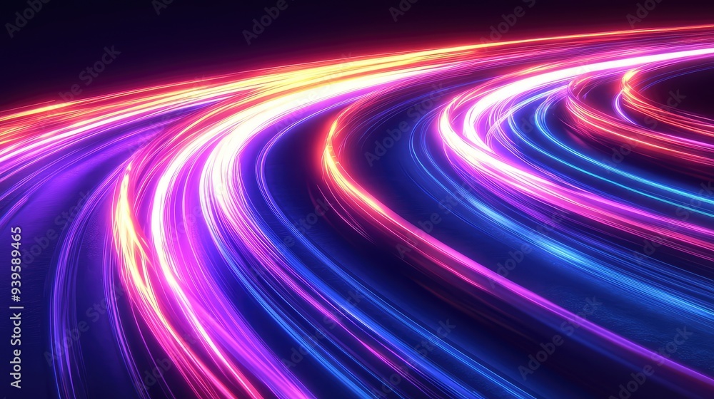 Poster light trails forming a winding, abstract road pattern on a deep background, glowing with a smooth cu