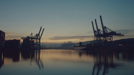 Tranquil dawn break at the harbor, ships at dock and cranes busy loading containers, symbolizing the start of a new day in global trade.