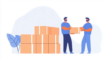 Illustration of two professional men working together in a warehouse, managing boxes, handling logistics, fulfillment tasks. Transportation, supply chain management, teamwork.