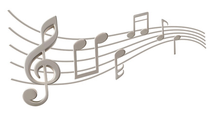 Music notes on wavy lines swirl as melody flow. Silver metallic 3d render illustration for singing song or playing instrument. Concert listening symbol. Dance party logo or vocal education studio.