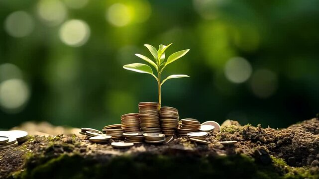 A tree growth on stack of gold coins in a forest with sunlight, growth profit and sustainable finance, Generative Ai