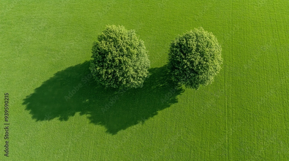 Wall mural A stunning aerial photograph showcasing two trees standing tall amidst a vibrant green field. The trees cast long shadows, creating a sense of tranquility and peace. This image symbolizes nature's bea