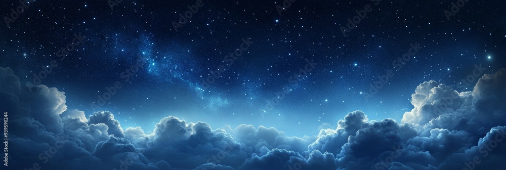 Wall mural a stunning night sky filled with twinkling stars and fluffy clouds. this abstract blue background ev