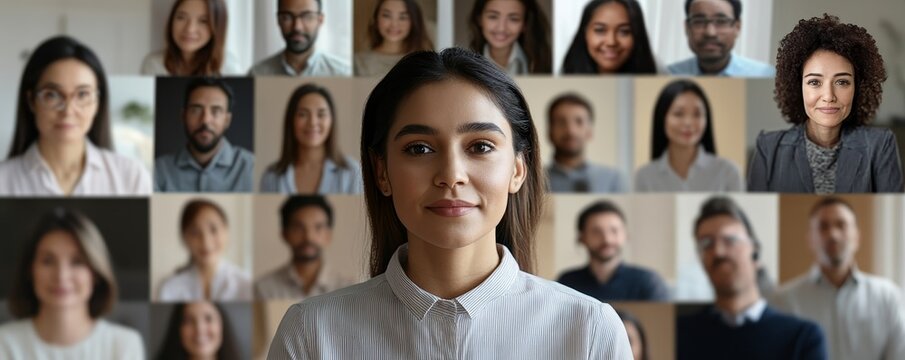 multiethnic peoples looking at camera, collage of diverse colleagues, horizontal banner, multiracial workteam mosaic, crowded screen with international employees, video call screen, Generative AI