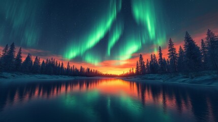  Breathtaking view of the Northern Lights reflecting over a tranquil frozen lake surrounded by snow-covered trees, showcasing nature's beauty in the Arctic wilderness
