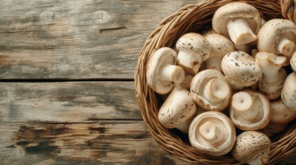 A top view of fresh white mushrooms in a wicker basket, set on a rustic wooden background. The mushrooms are arranged in a cluster, showcasing their natural beauty and freshness. The warm tones of the