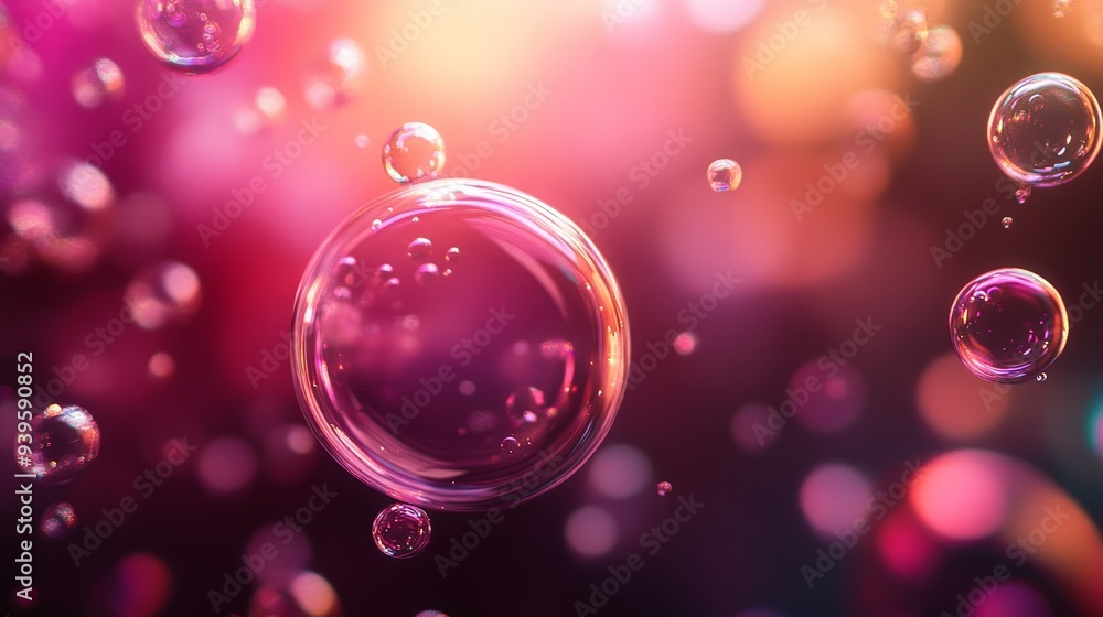Poster a vibrant abstract background featuring a cluster of iridescent bubbles floating in a dreamy pink an