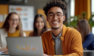 A Group of Multiethnic People Brainstorming Using Laptop and Charts in a Meeting Room at Office. Enthusiastic Young Adults Analyzing New Data To Improve Startup Performance. Medium, Generative AI